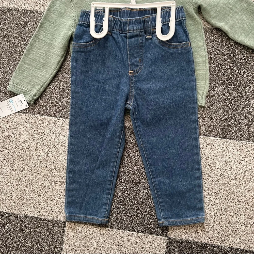 NWT Carter's Girls Green Sweater with Blue Denim Jeans Set- 18M